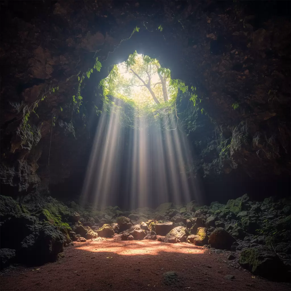 Ánh sáng tự nhiên len lỏi qua cửa hang tạo nên khung cảnh huyền ảo bên trong Chư Bluk