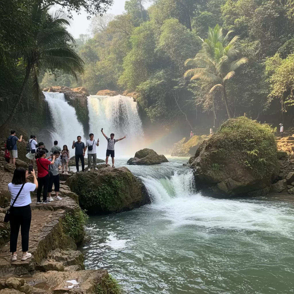 Du khách trải nghiệm vẻ đẹp thơ mộng và lưu giữ kỷ niệm tại chân thác