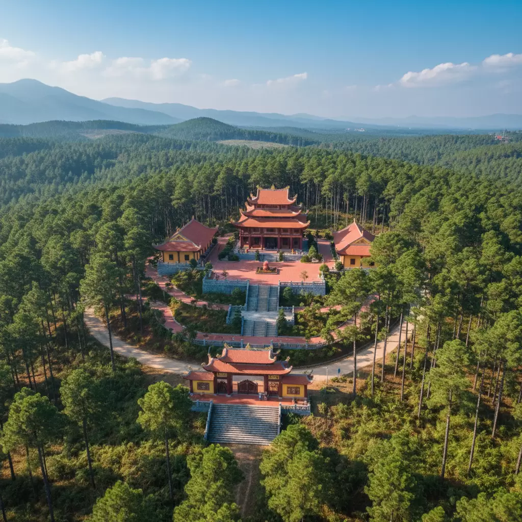 Toàn cảnh Thiền Viện Trúc Lâm Đạo Nguyên ẩn mình giữa rừng thông Nâm Nung đại ngàn