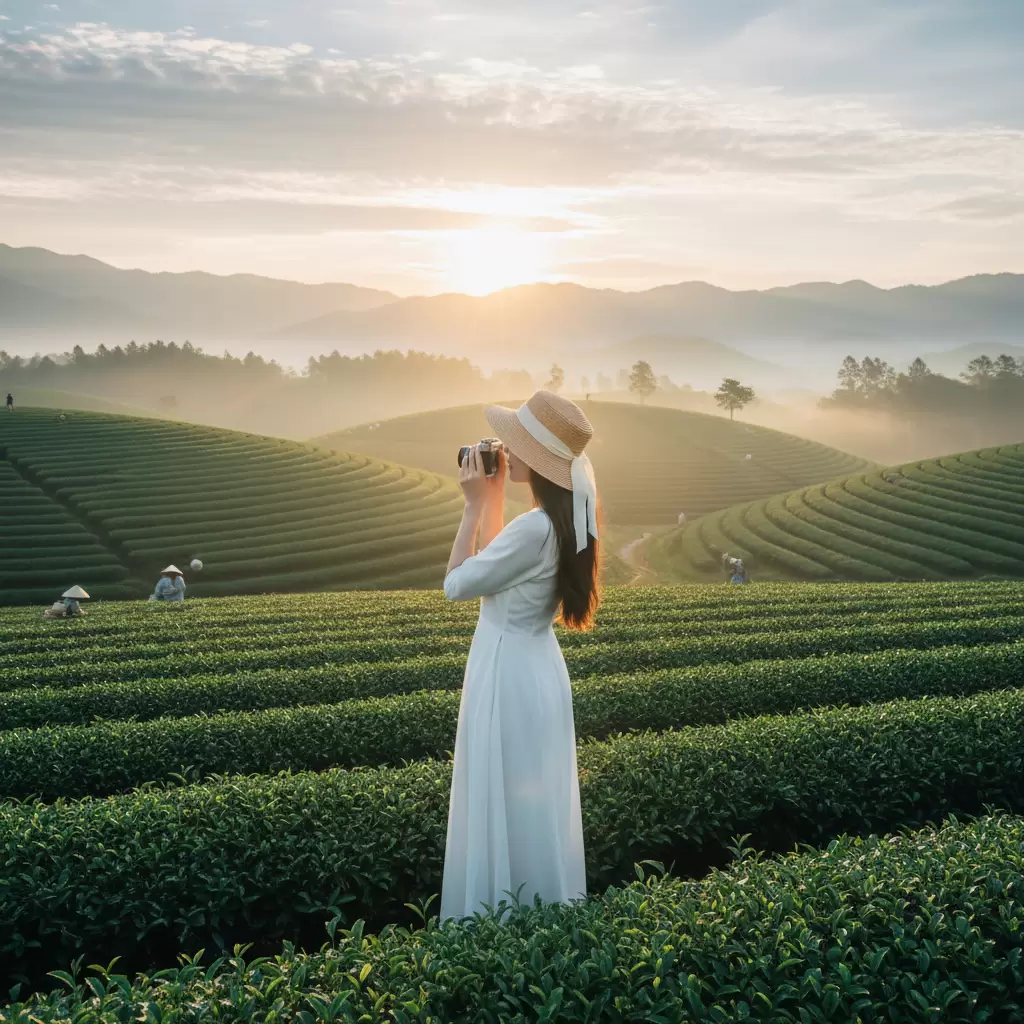 gemini_image_1769679439 Trang phục màu trắng giúp chủ thể nổi bật giữa không gian xanh mướt