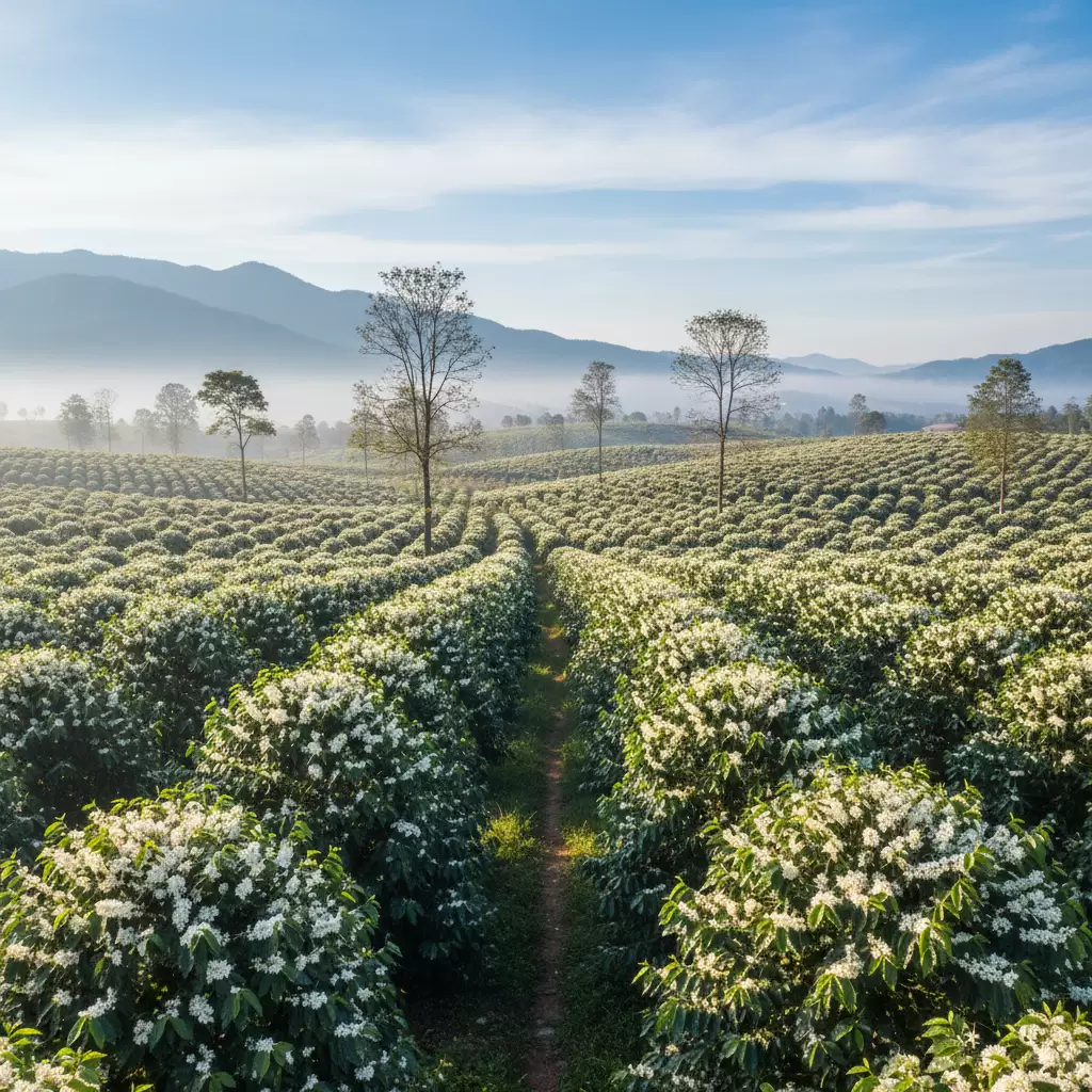 gemini_image_1769679750-1 Mùa hoa cà phê trắng xóa là nét đặc trưng của khí hậu Đắk Nông vào mùa khô