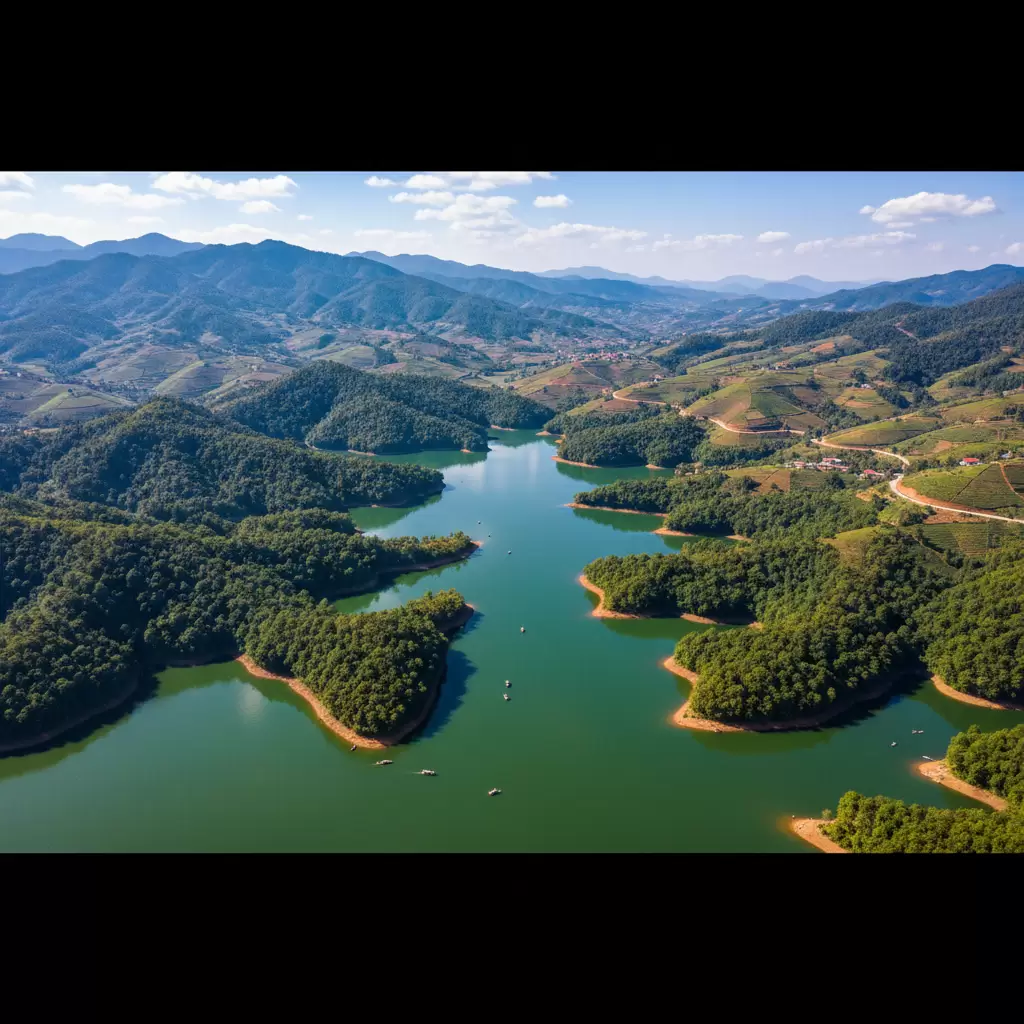 gemini_image_1769679751 Hồ Tà Đùng rực rỡ và thơ mộng dưới ánh nắng vàng của mùa khô