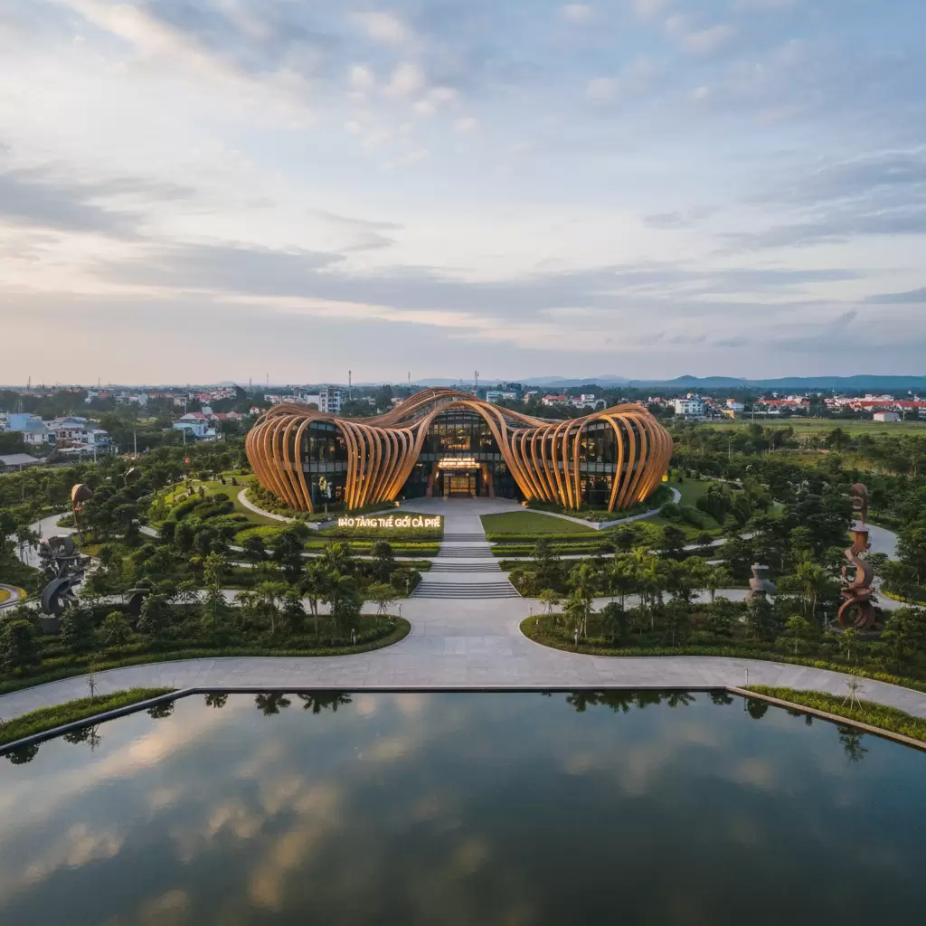 gemini_image_1769680322-1 Bảo tàng Thế giới Cà phê Biểu tượng kiến trúc hiện đại tại Buôn Ma Thuột