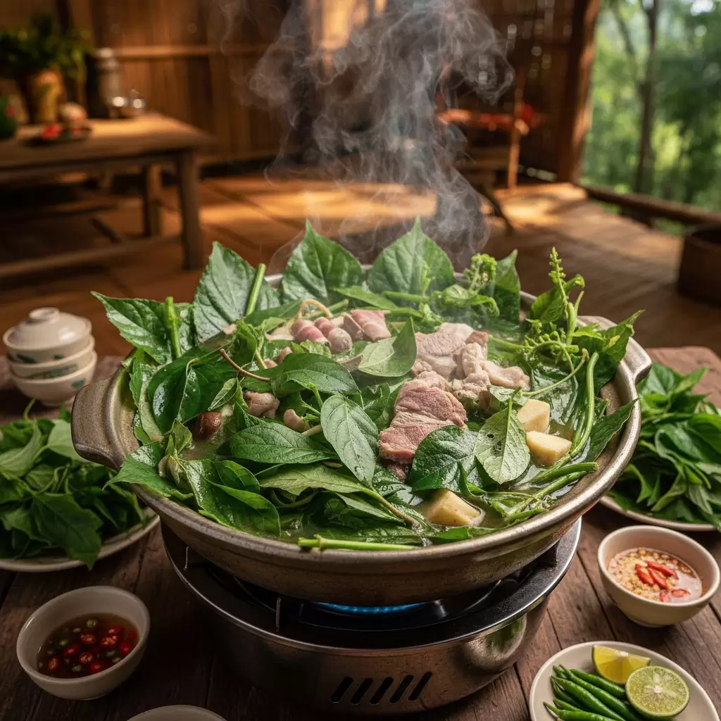 gemini_image_1769681271-1 Lẩu lá rừng món ăn tinh túy kết tinh từ nhiều loại lá rừng quý hiếm của Đắk Nông