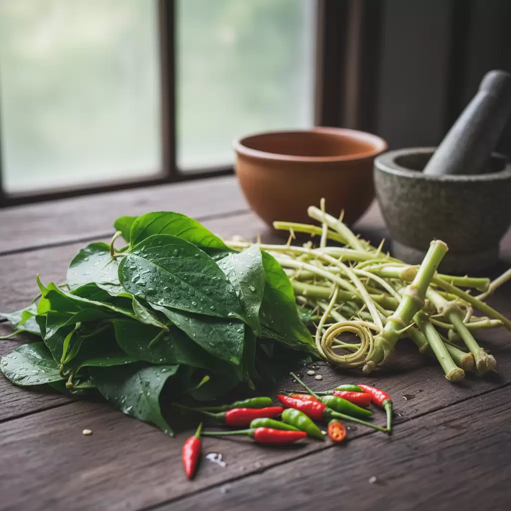gemini_image_1769681893 Các nguyên liệu tự nhiên tạo nên hương vị đặc trưng của món canh thụt