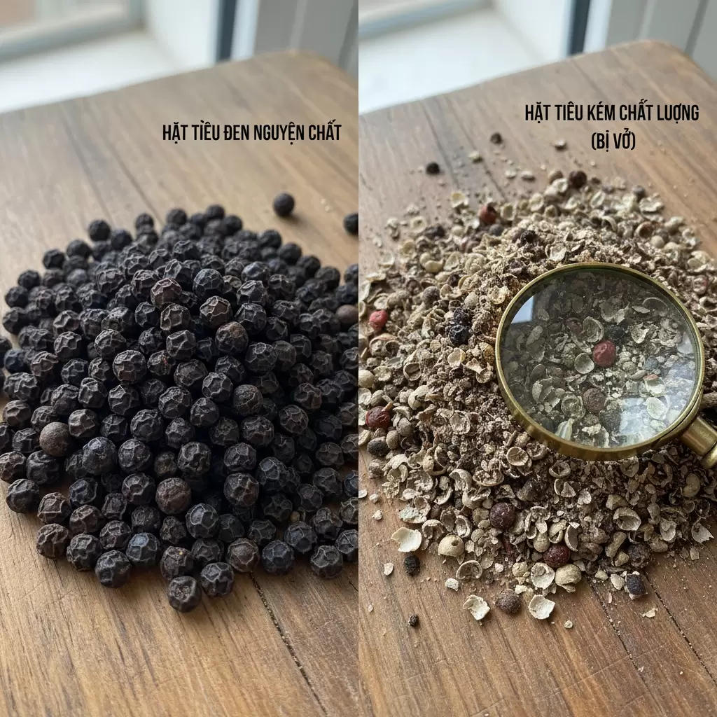 Phân biệt hạt tiêu nguyên chất dựa trên cấu trúc lõi hạt chắc chắn và mùi thơm nồng