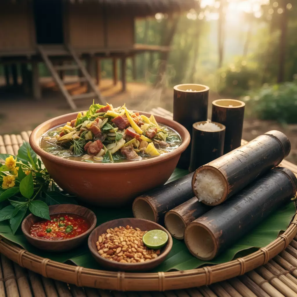 Canh thụt và cơm lam  hai món ăn biểu tượng của người Mnông