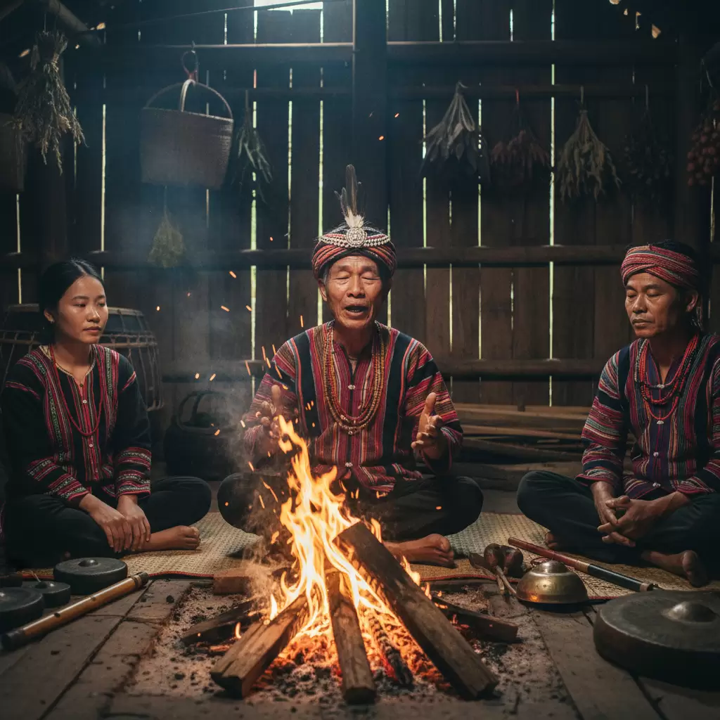 gemini_image_1769684329 Nghệ nhân Mnông đang diễn xướng sử thi Ot NRông trong không gian nhà sàn truyền thống