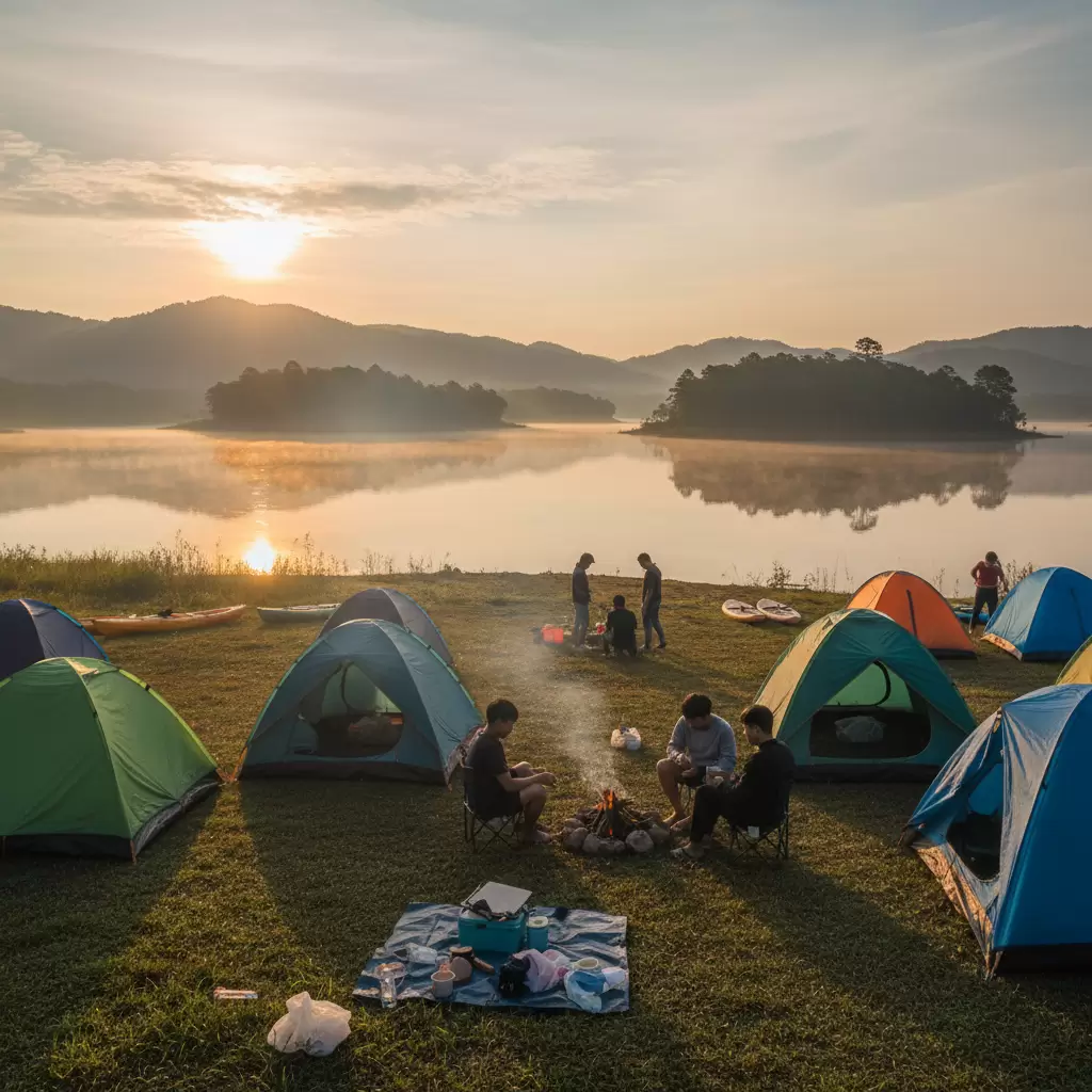 Trải nghiệm cắm trại đón bình minh huyền ảo tại hồ Tà Đùng