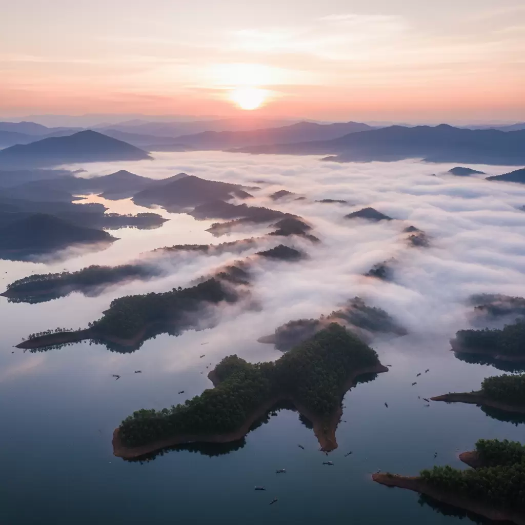 Toàn cảnh biển mây bao phủ các hòn đảo tại hồ Tà Đùng lúc bình minh