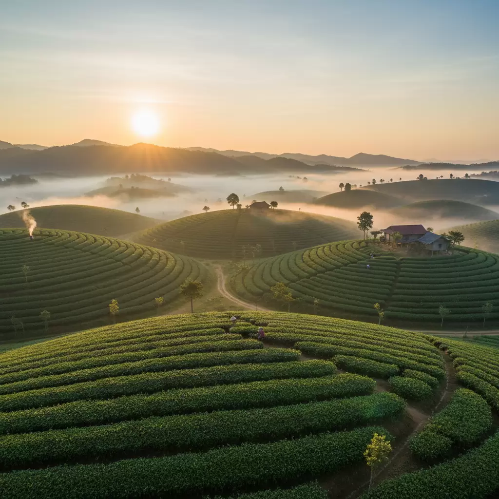 Ánh sáng buổi sớm tại đồi chè Gia Nghĩa tạo nên bối cảnh lung linh như trong phim